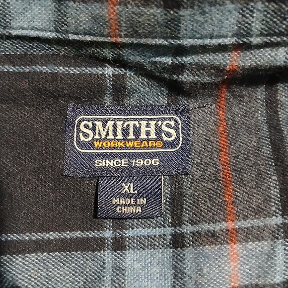 SMITH'S Work Wear Men's XL Deep Blue/Grey Plaid Flannel Easy Care Long-Sleeved - Picture 2 of 11